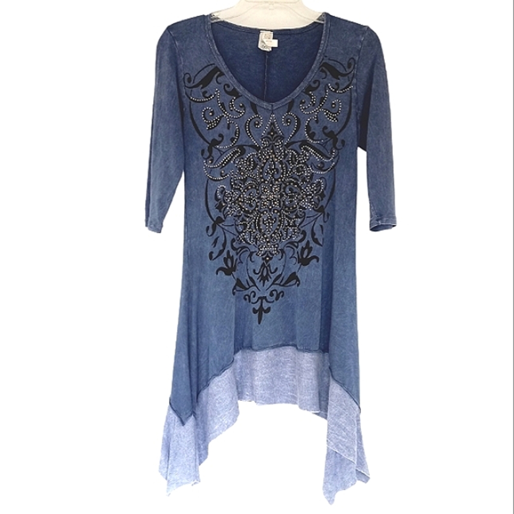 Liberty Wear USA Tunic Top Size S Blue Acid Wash Bling Asymmetrical Whimsigoth